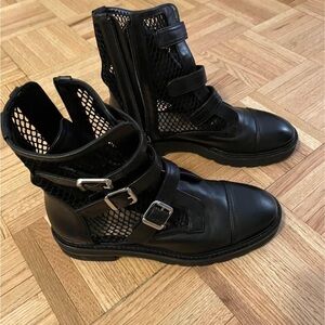 Black Mesh Buckle Ankle Boots